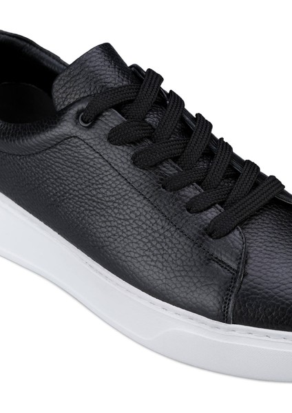 Erkek Siyah Deri Esnek Taban Bağcıklı Casual Ayakkabı Sneaker