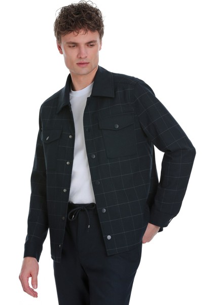 Lacivert Slim Fit Kareli Mono Yaka Overshirt Takım