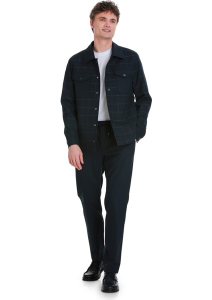 Lacivert Slim Fit Kareli Mono Yaka Overshirt Takım