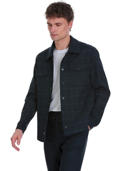 Lacivert Slim Fit Kareli Mono Yaka Overshirt Takım