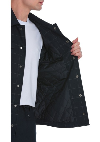 Lacivert Slim Fit Kareli Mono Yaka Overshirt Takım