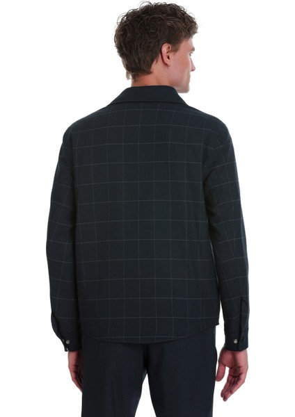 Lacivert Slim Fit Kareli Mono Yaka Overshirt Takım