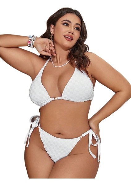 Yaz Büyük Boy Bikini Mayo Kadın Beyaz Büyük Göğüs Jakarlı Üç Nokta Sırtı Açık Bölünmüş Mayo (Yurt Dışından)