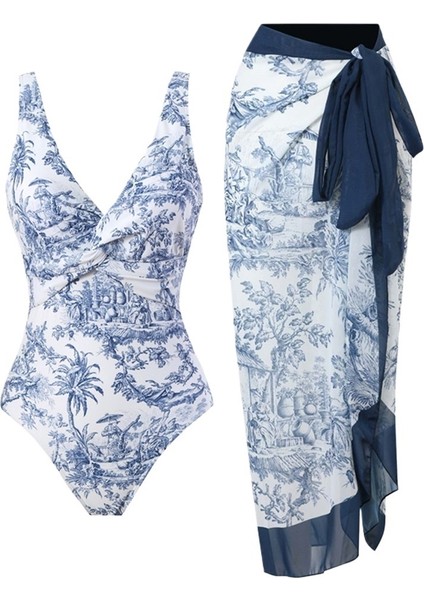 Mavi Takım Elbise Kadın Mayo Moda Baskı Tulum Güneş Kremi Etek Plaj Kaplıca Tatil Tarzı (Yurt Dışından)