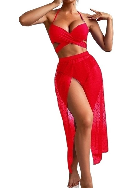 Yeni Mayo Kadın Üç Parçalı Kırmızı Güneş Kremi File Uzun Etek Plaj Bölünmüş Bikini (Yurt Dışından)