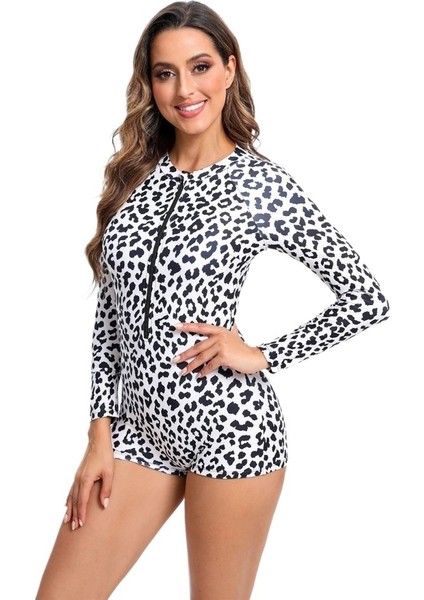 Yaz Yarış Mayosu Kadın Uzun Kollu Fermuarlı Tek Parça Tayt Boxer Külot Leopar Desenli Mayo (Yurt Dışından)