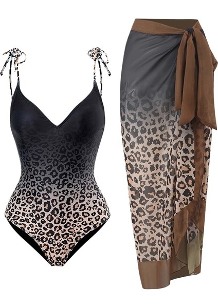 Yaz Kahverengi Leopar Desenli Mayo Kadın Body Suit Güneş Kremi Etek Tatil Stili (Yurt Dışından)
