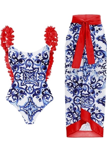 Yaz Tatili Mayo Kadın Moda Baskı Yaprak Askılı Güneş Kremi Etek Takım Elbise (Yurt Dışından)