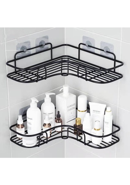 Sıyah (1 Adet) Banyo Mutfak Yumruk Köşe Çerçeve Duş Rafı Ferforje Şampuan Depolama Raf Tutucu Vantuz ile Banyo Aksesuarları (Yurt Dışından)