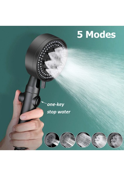1.5 M Şerit Hortum Yüksek Basınçlı Duş Başlığı 5 Mod Ayarlanabilir Su Tasarruflu Basınçlı Duş Başlıkları Tek Tuşla Durdurma Püskürtme Memesi Banyo Aksesuarları (Yurt Dışından)