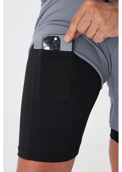 Erkek Taytlı Fermuarlı Cepli Spor Şort Füme 5807-F