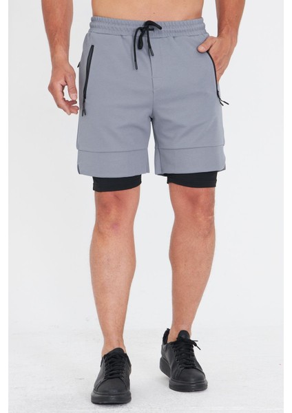 Erkek Taytlı Fermuarlı Cepli Spor Şort Füme 5807-F modelleri