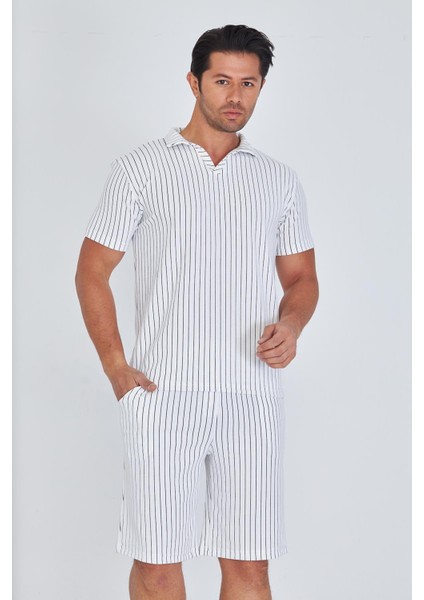 Erkek Yakalı Çizgili Polycotton T-Shirt Şort Ikili Takım Bej 5733-B fiyatları
