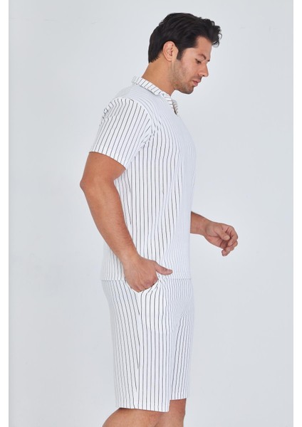 Erkek Yakalı Çizgili Polycotton T-Shirt Şort Ikili Takım Bej 5733-B modelleri