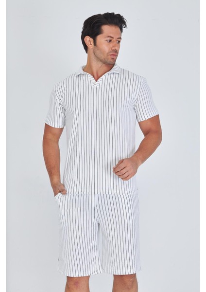 Erkek Yakalı Çizgili Polycotton T-Shirt Şort Ikili Takım Bej 5733-B fırsatları