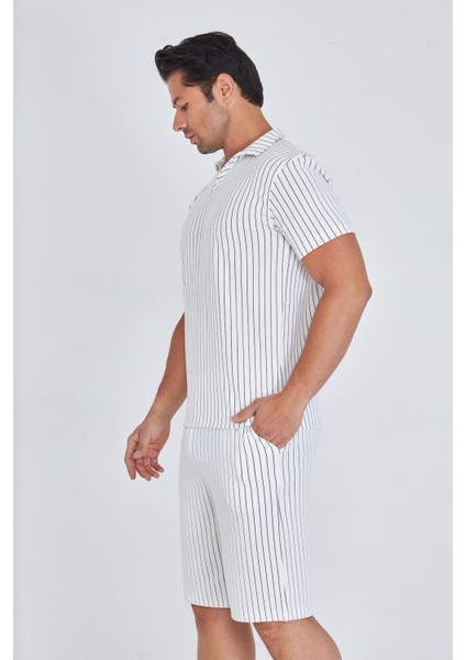 Erkek Yakalı Çizgili Polycotton T-Shirt Şort Ikili Takım Bej 5733-B indirimleri