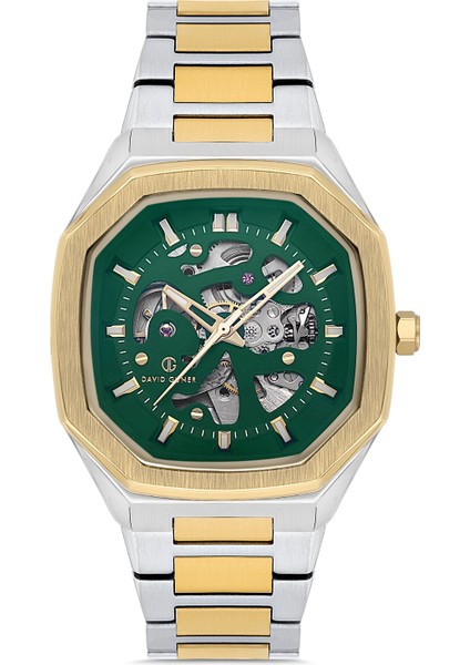 Davıd Guner Sarı Beyaz Kaplamalı Yeşil Kadranlı Erkek Kol Saati DG-8501GA-D10