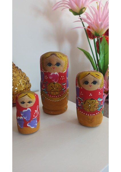 Vintage Ahşap Simli Matruşka Bebek 3'lü Set