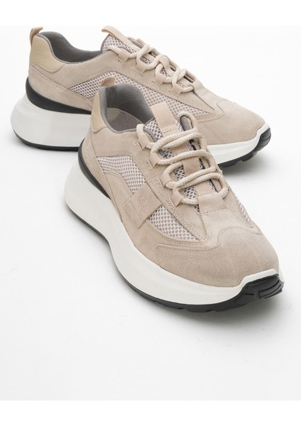 Erkek Kalın Taban Bağcıklı Sneaker Gerçek Deri Mc 21525 Bej