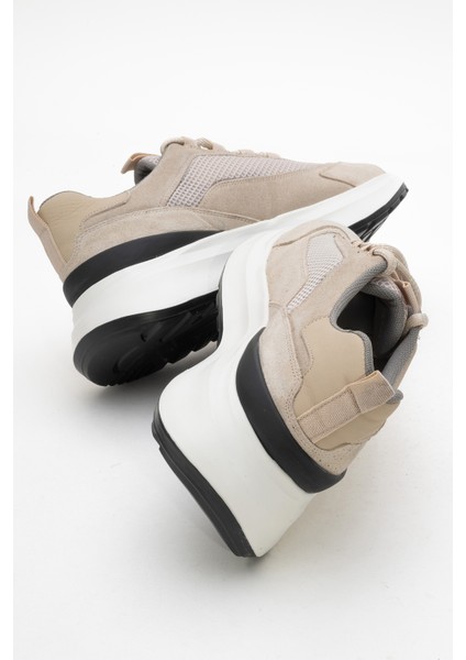 Erkek Kalın Taban Bağcıklı Sneaker Gerçek Deri Mc 21525 Bej