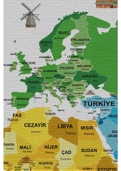 - Duvar Örtüsü / Halısı Bayrak Detaylı Türkçe Güncel Dünya Haritası -3968