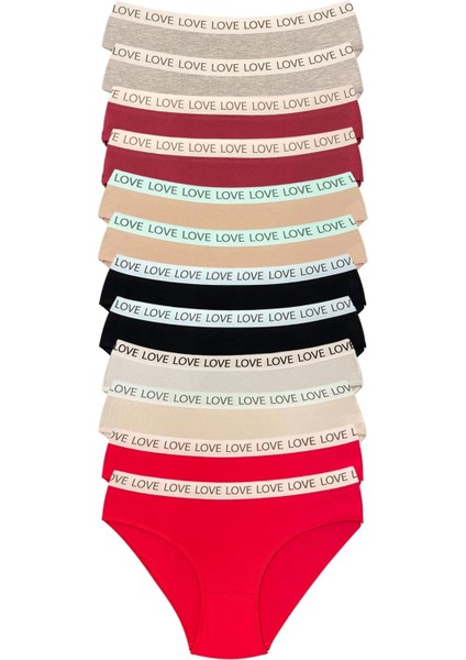 12 Adet Pamuklu Esnek Kadın Slip Bikini Külot Geniş Lastikli Baskılı