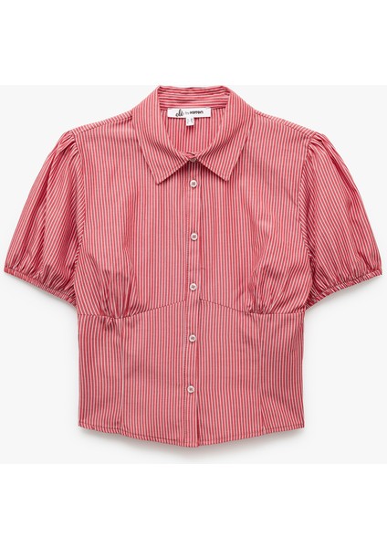 Klasik Yaka Düğmeli Dar Kesim Kısa Balon Kol Çizgili Gömlek