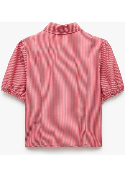 Klasik Yaka Düğmeli Dar Kesim Kısa Balon Kol Çizgili Gömlek fiyatları