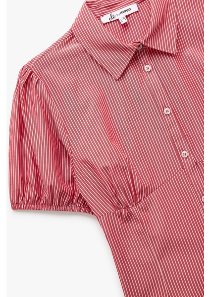 Klasik Yaka Düğmeli Dar Kesim Kısa Balon Kol Çizgili Gömlek modelleri