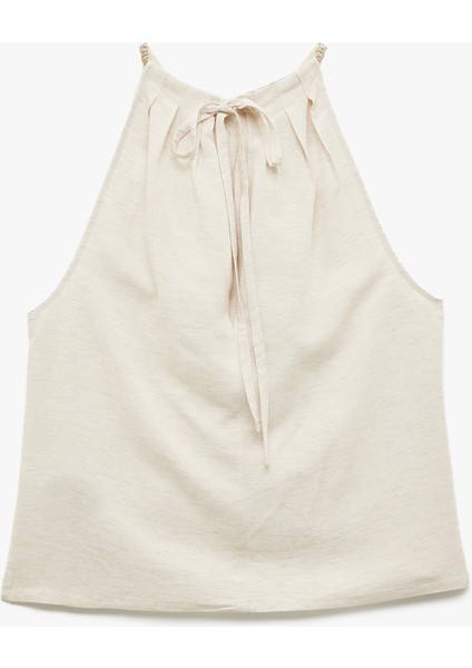 Kolsuz Keten Karışımlı Kruvaze Halter Yaka Bluz fiyatları