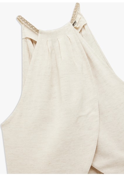 Kolsuz Keten Karışımlı Kruvaze Halter Yaka Bluz modelleri