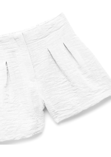Pile Detaylı Beli Lastikli Dokulu Mini Şort