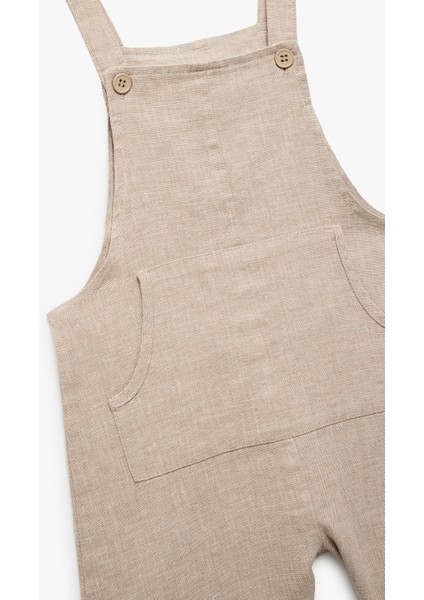 Kare Yaka Kanguru Cepli Pamuk Keten Karışımlı Askılı Salopet Tulum modelleri