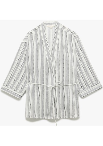 Rahat Kalıp Kemer Detaylı 3/4 Geniş Kollu Uzun Kimono