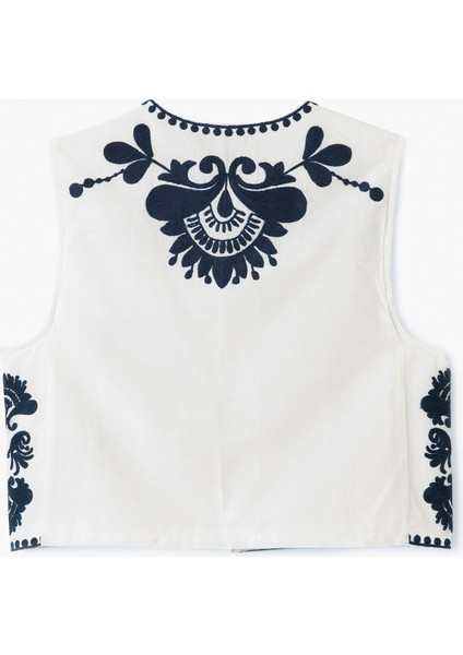 Aplike Nakışlı Bisiklet Yaka Kolsuz Crop Yelek fırsatları