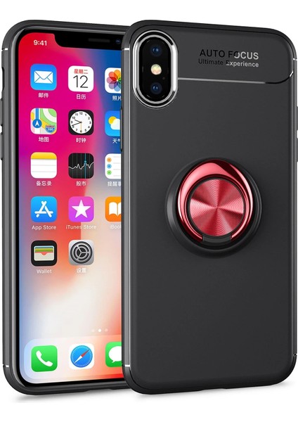 Iphone Xs Kılıf Range Yüzüklü Silikon - Siyah-Kırmızı Zrnet