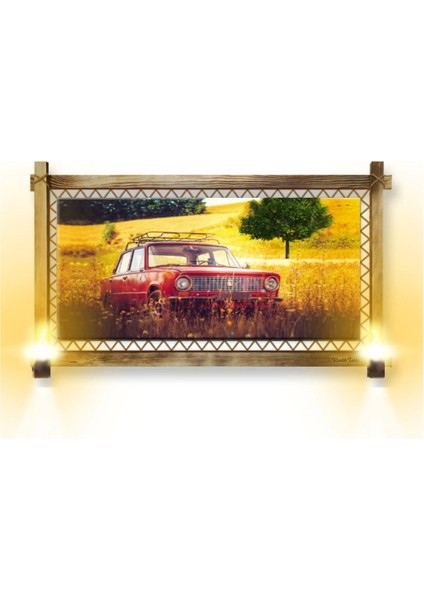 Marsilyan- Rustik Işıklı Kırmızı Antika Araba Kanvas Rustik Tablo O