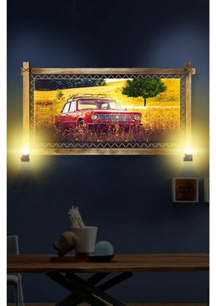 Marsilyan- Rustik Işıklı Kırmızı Antika Araba Kanvas Rustik Tablo O fiyatları