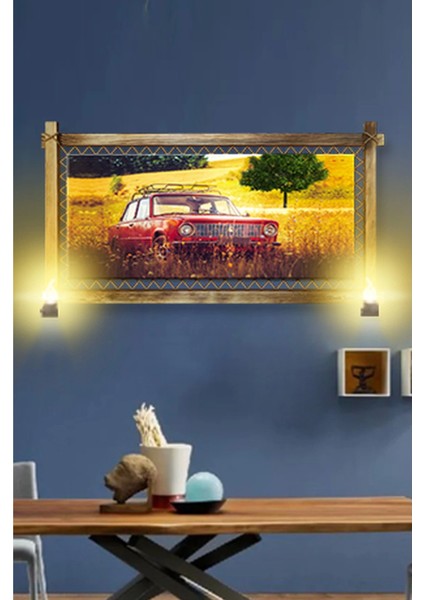 Marsilyan- Rustik Işıklı Kırmızı Antika Araba Kanvas Rustik Tablo O modelleri