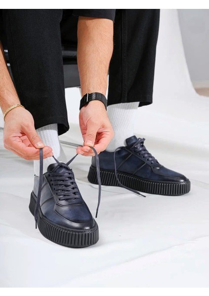 Montrax Model Hakiki Deri El Yapımı Lacivert Erkek Sneaker