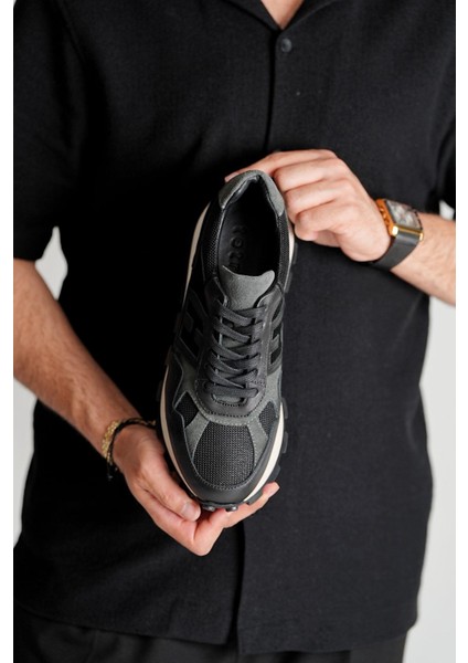 Flex Model Hakiki Deri El Yapımı Siyah Erkek Sneaker