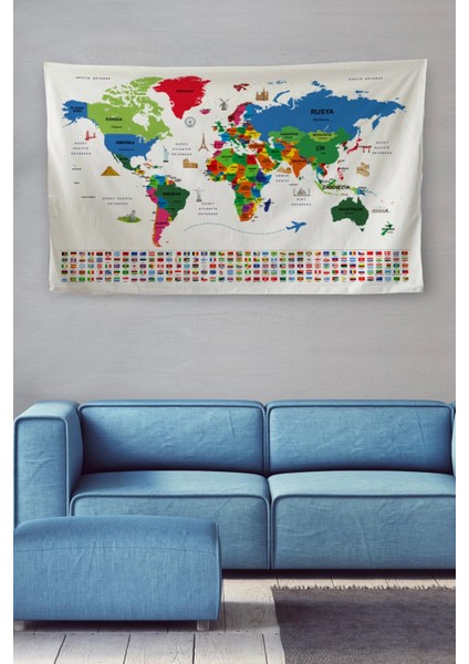 Marsilyan- Duvar Örtüsü / Halısı Bayrak Detaylı Türkçe Güncel Dünya Haritası -3969