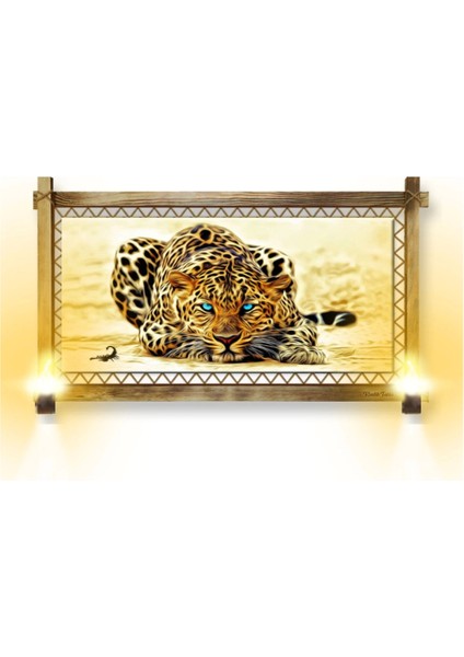 - Rustik Işıklı Leopar Kanvas Rustik Tablo B