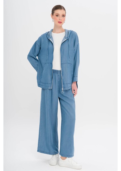Kapüşonlu Salaş Ince Denim Ikili Takım Mavi 9345-TK