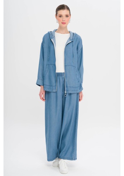Kapüşonlu Salaş Ince Denim Ikili Takım Mavi 9345-TK