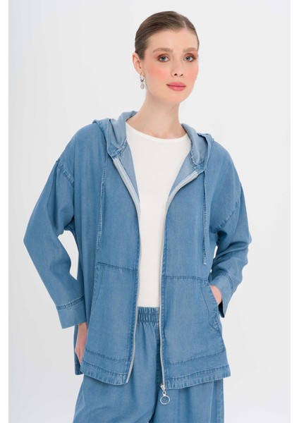 Kapüşonlu Salaş Ince Denim Ikili Takım Mavi 9345-TK