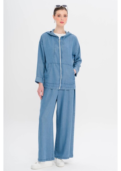 Kapüşonlu Salaş Ince Denim Ikili Takım Mavi 9345-TK