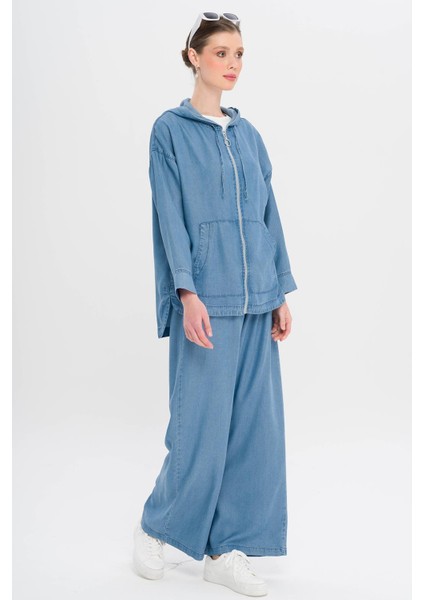 Kapüşonlu Salaş Ince Denim Ikili Takım Mavi 9345-TK