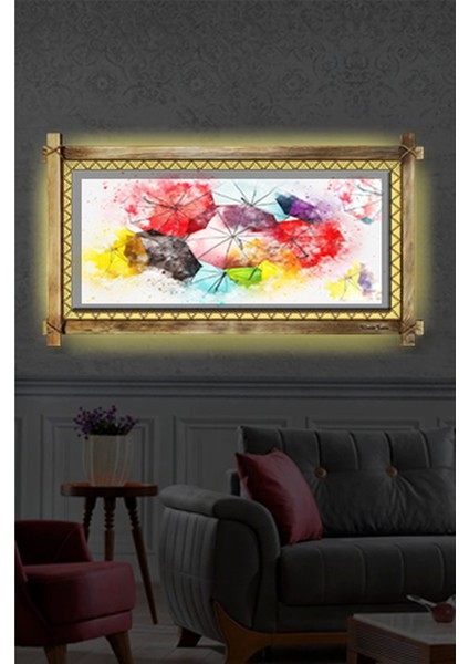 Marsilyan- Renkli Şemsiye LED Işıklı Rustik Kanvas Tablo B
