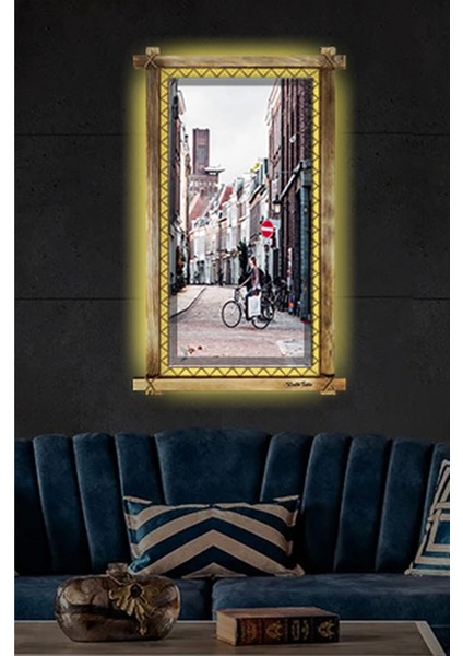 - Sokak LED Işıklı Rustik Kanvas Tablo K
